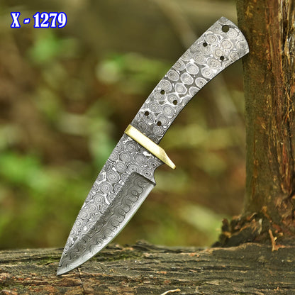 Handcrafted Damascus Steel Fixed Blade Blank Blade Knife Brass Guard