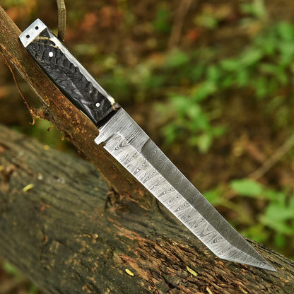 Handmade Camping Damascus Steel Blade Tanto Knife Ram Horn Handle