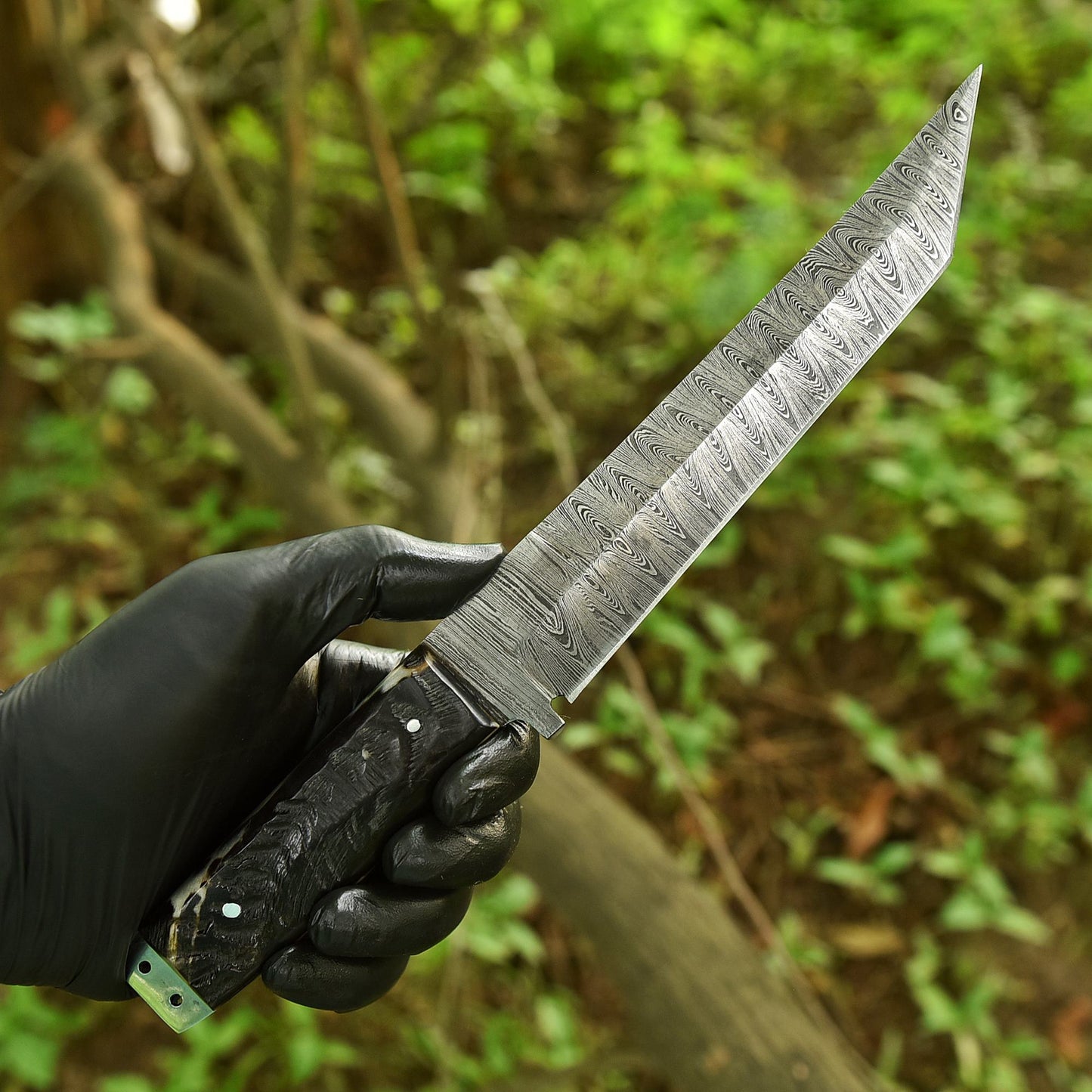 Handmade Camping Damascus Steel Blade Tanto Knife Ram Horn Handle