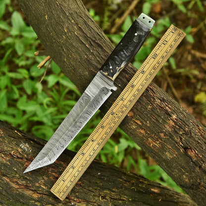 Handmade Camping Damascus Steel Blade Tanto Knife Ram Horn Handle