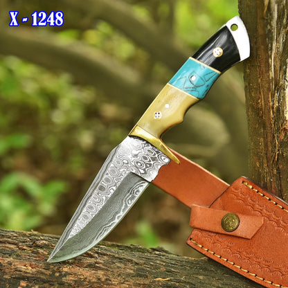 Handmade Damascus Steel Skinner Knife Camel Bone Resin Brass Guard Handle