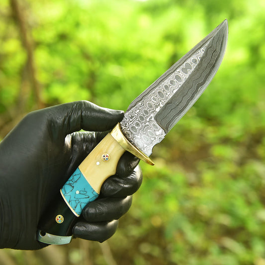 Handmade Damascus Steel Skinner Knife Camel Bone Resin Brass Guard Handle
