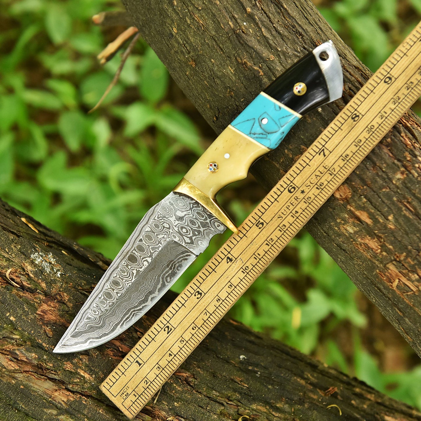 Handmade Damascus Steel Skinner Knife Camel Bone Resin Brass Guard Handle