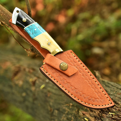 Handmade Damascus Steel Skinner Knife Camel Bone Resin Brass Guard Handle