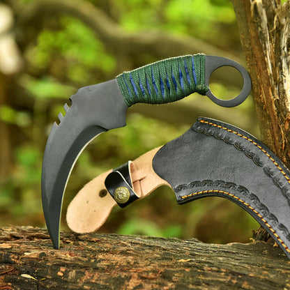 Hand Finished Tactical Carbon Steel Curved Blade Karambit Knife With Sheath