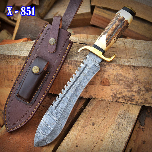 Handmade Damascus Steel Kukri Fix Blade Bowie Knife With Stag Antler Handle