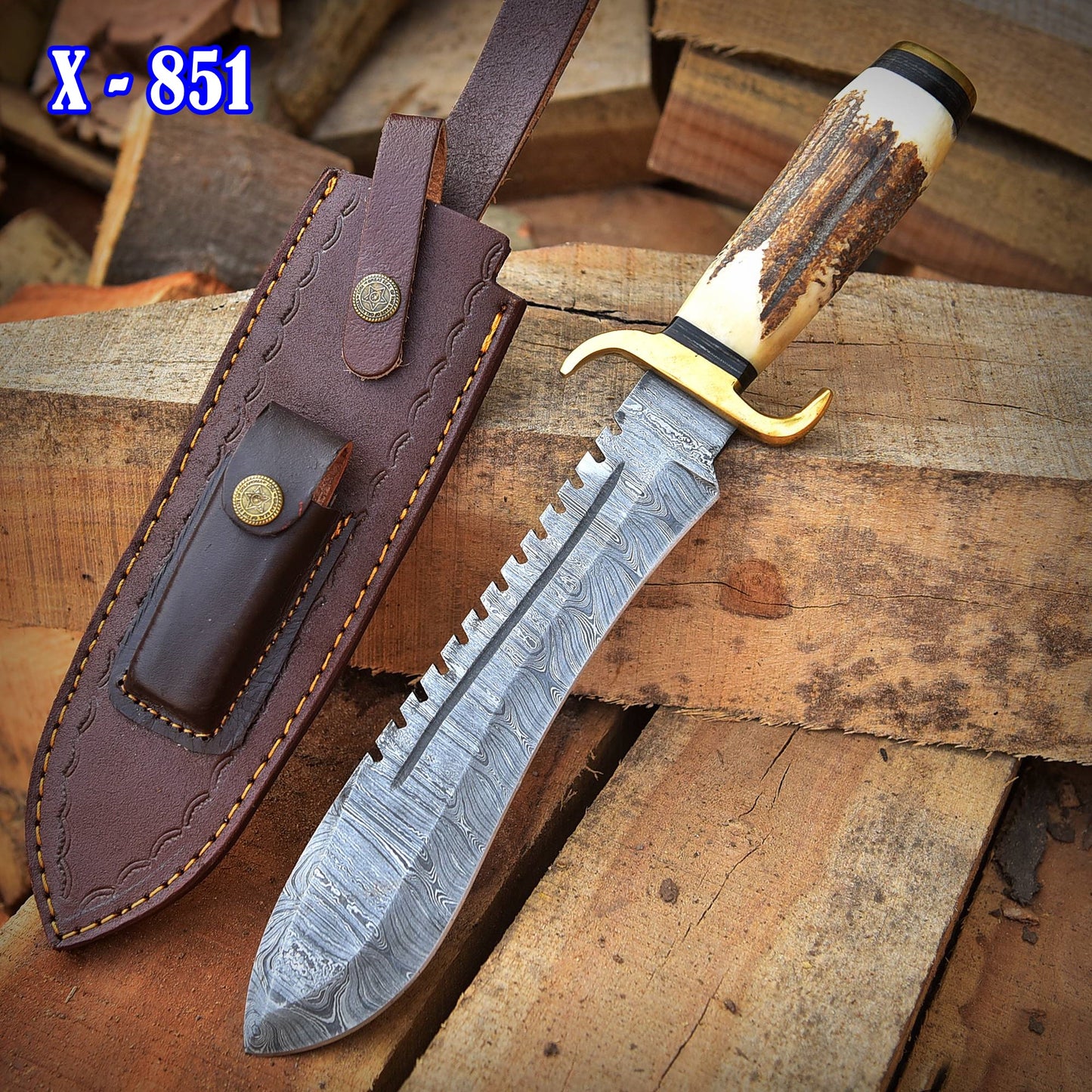 Custom Handmade Damascus Steel Hunting Jungle Bowie Stage Brass Handle