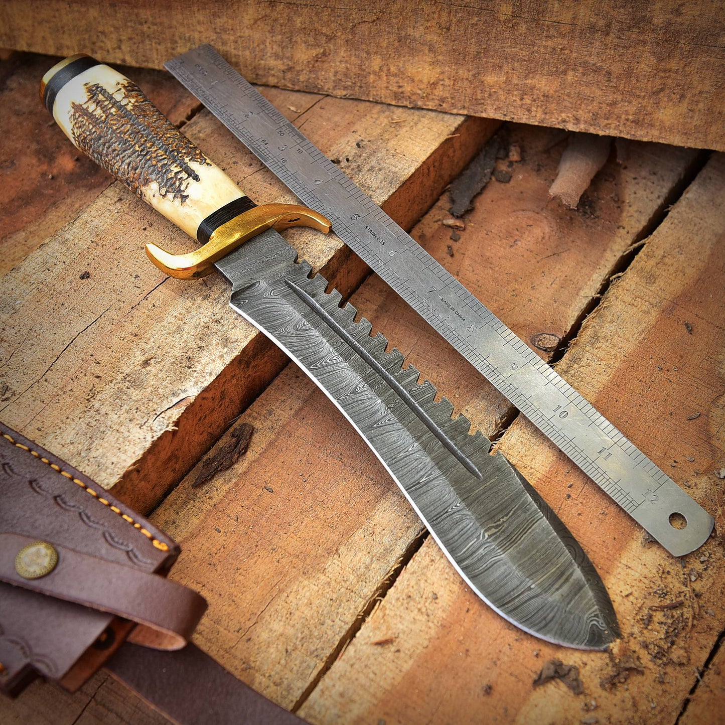 Custom Handmade Damascus Steel Hunting Jungle Bowie Stage Brass Handle