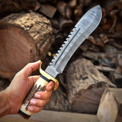 Custom Handmade Damascus Steel Hunting Jungle Bowie Stage Brass Handle