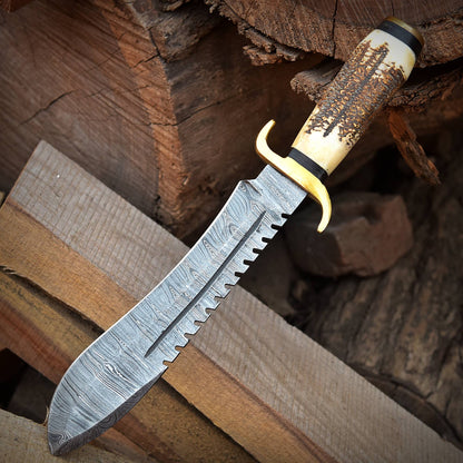 Custom Handmade Damascus Steel Hunting Jungle Bowie Stage Brass Handle