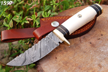 8" Handmade Fixed Damascus Balde Skinning Knife Bone Handle x-273