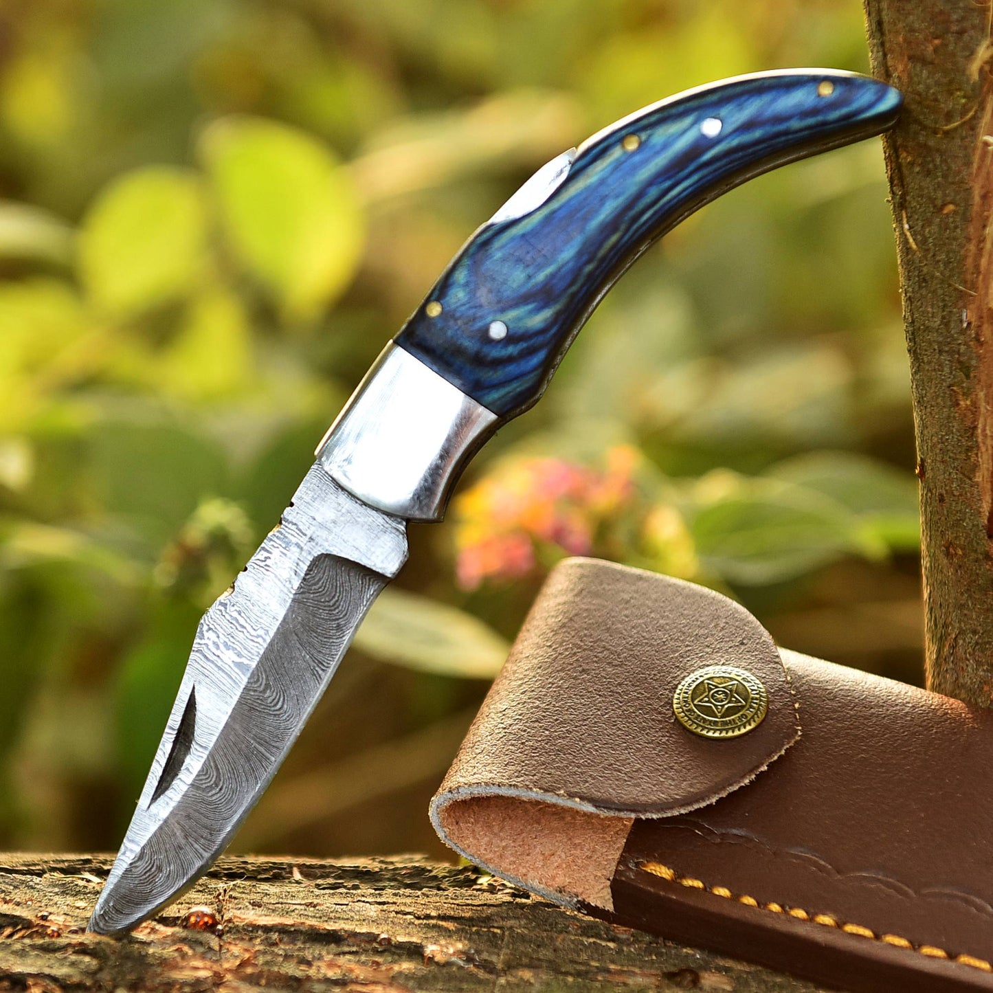 Custom Hand Forged Damascus Steel Hunting Camping Folding Knife Wood Handle