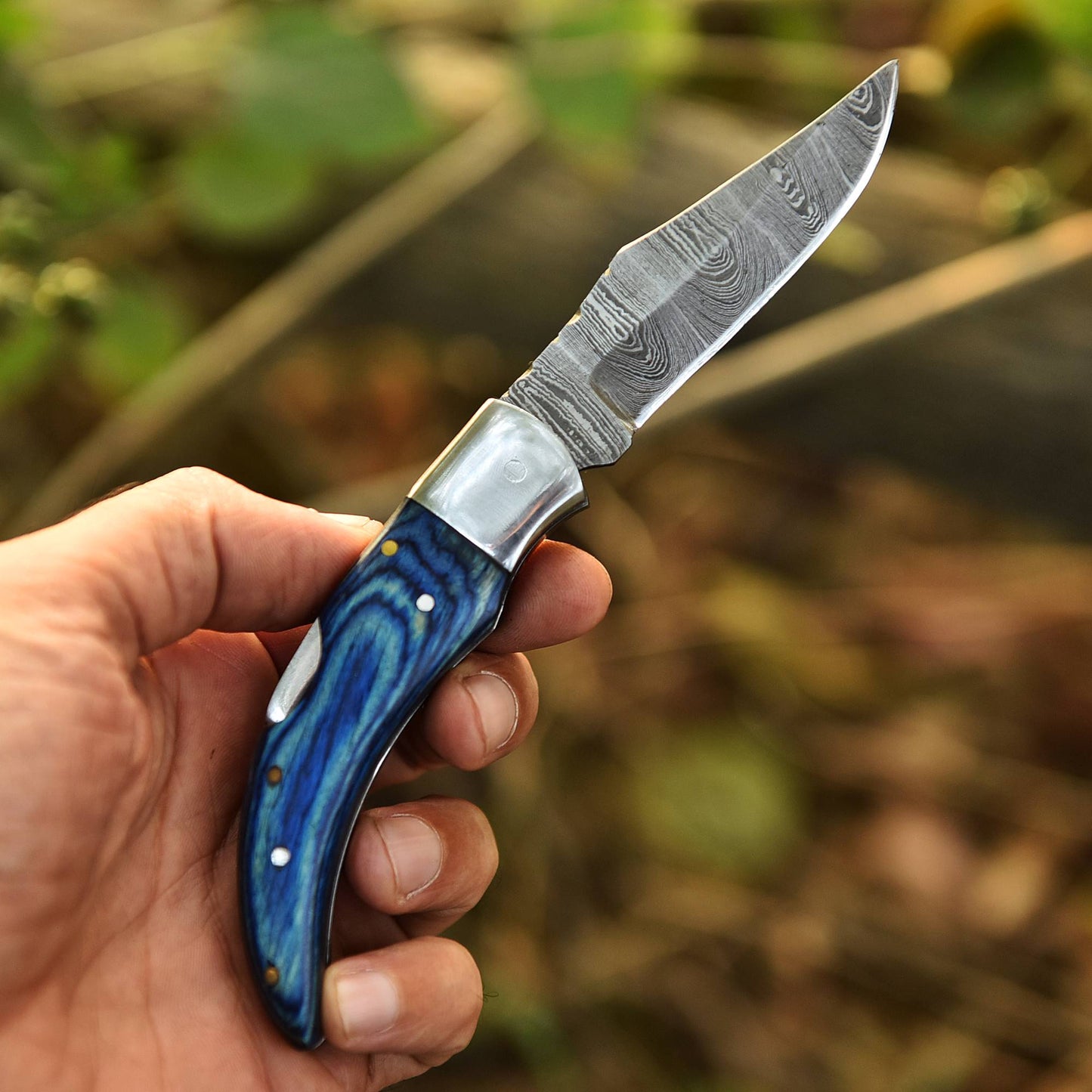 Custom Hand Forged Damascus Steel Hunting Camping Folding Knife Wood Handle