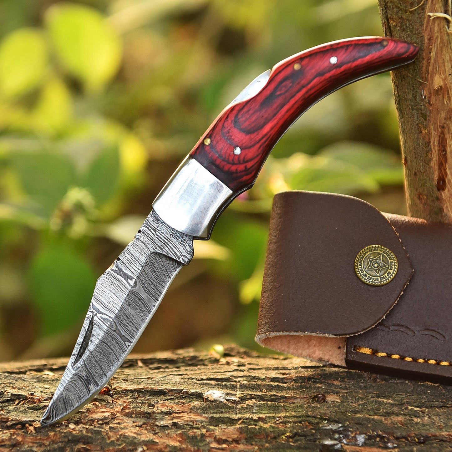 Custom Handmade Damascus Steel Back Lock Pocket Camping Knife With Sheath