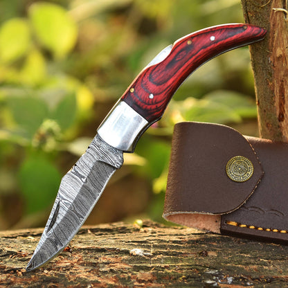 Custom Handmade Damascus Steel Back Lock Pocket Camping Knife With Sheath