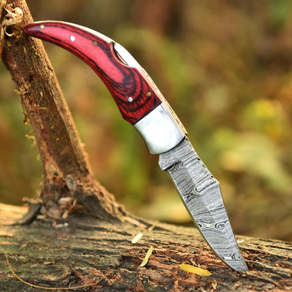 Custom Handmade Damascus Steel Back Lock Pocket Camping Knife With Sheath