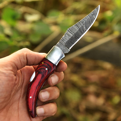 Custom Handmade Damascus Steel Back Lock Pocket Camping Knife With Sheath