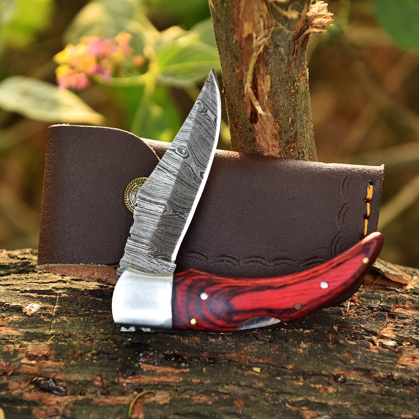 Custom Handmade Damascus Steel Back Lock Pocket Camping Knife With Sheath