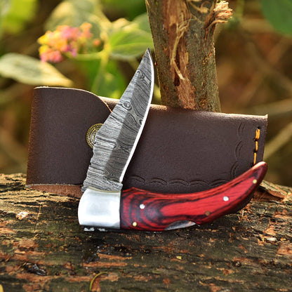 Custom Handmade Damascus Steel Back Lock Pocket Camping Knife With Sheath