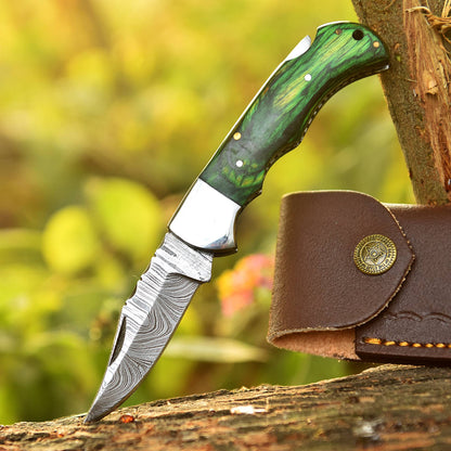 Handmade Damascus Steel Outdoor Hunting  Folding Pocket Knife Wood Handle