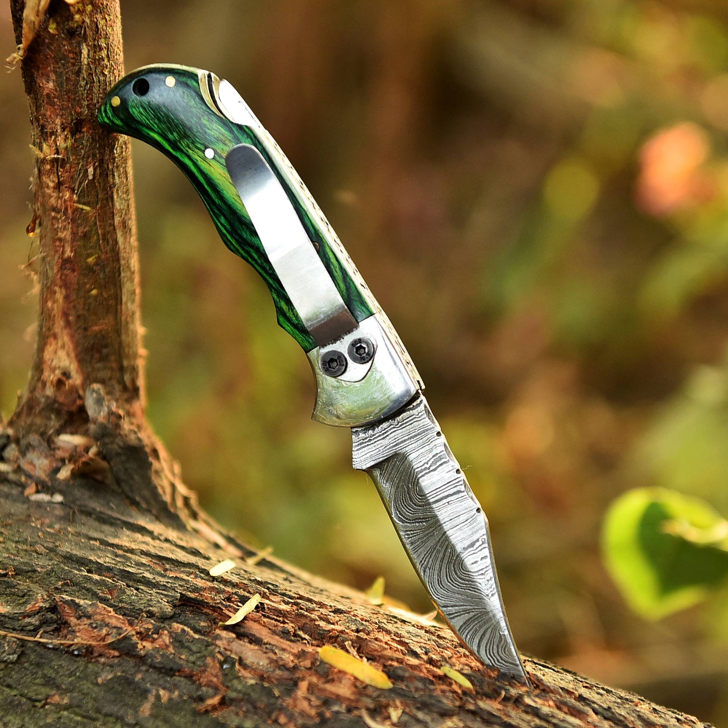 Handmade Damascus Steel Outdoor Hunting  Folding Pocket Knife Wood Handle