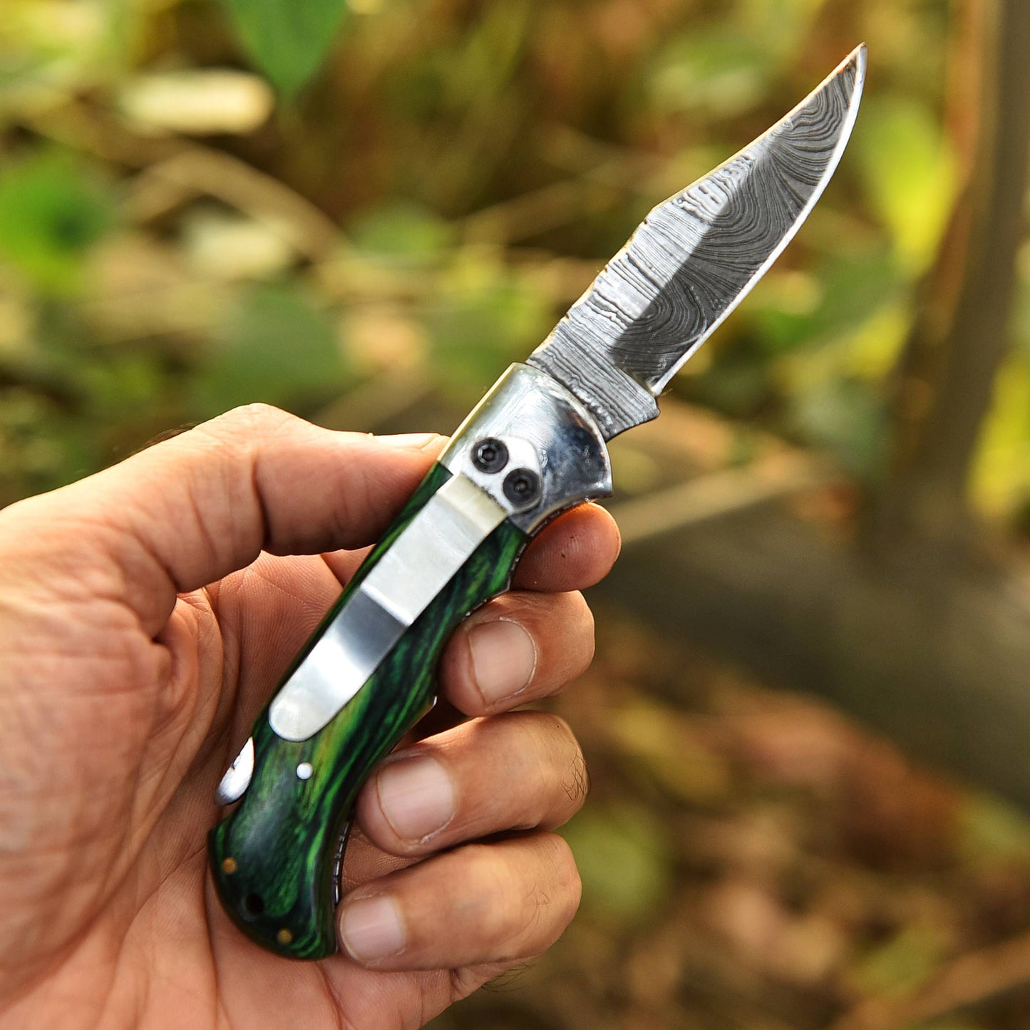 Handmade Damascus Steel Outdoor Hunting  Folding Pocket Knife Wood Handle