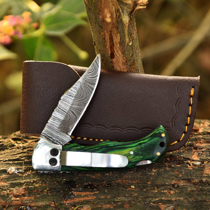 Handmade Damascus Steel Outdoor Hunting  Folding Pocket Knife Wood Handle