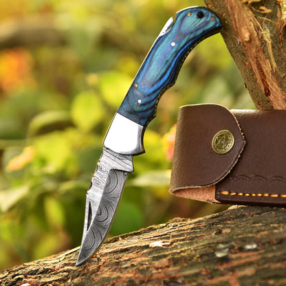 Handmade Damascus Steel Hunting Folding Blade Pocket Knife Wood Handle
