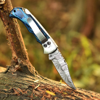 Handmade Damascus Steel Hunting Folding Blade Pocket Knife Wood Handle