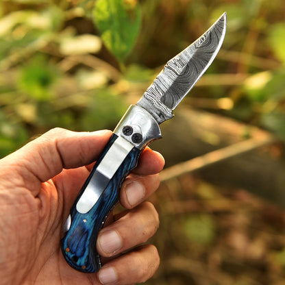 Handmade Damascus Steel Hunting Folding Blade Pocket Knife Wood Handle