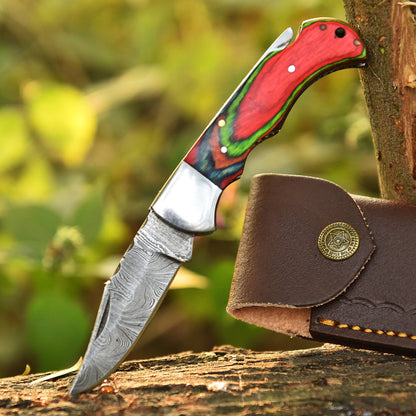 Custom Handmade Damascus Camping Folding Pocket Knife Wood Handle