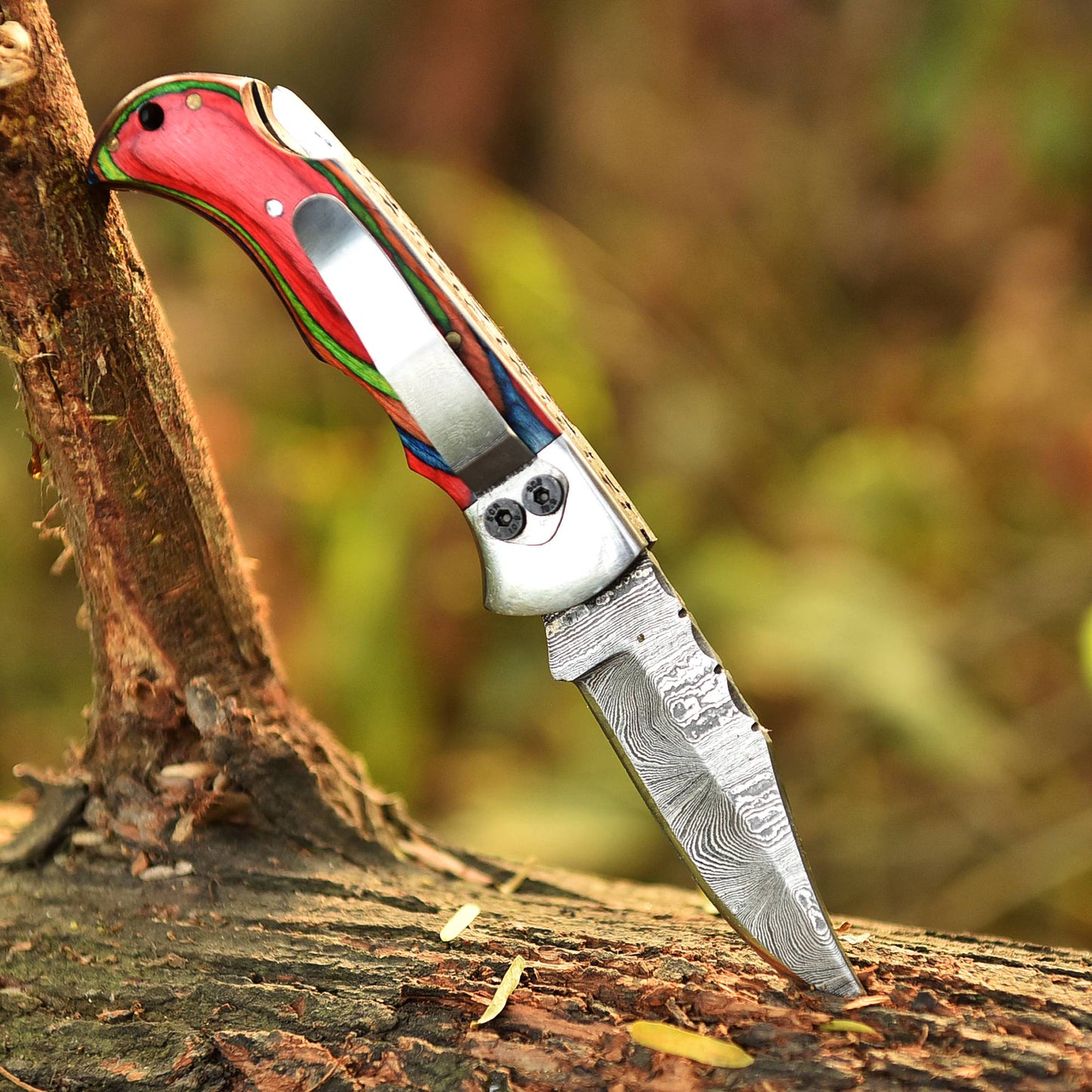 Custom Handmade Damascus Camping Folding Pocket Knife Wood Handle