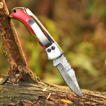Custom Handmade Damascus Camping Folding Pocket Knife Wood Handle