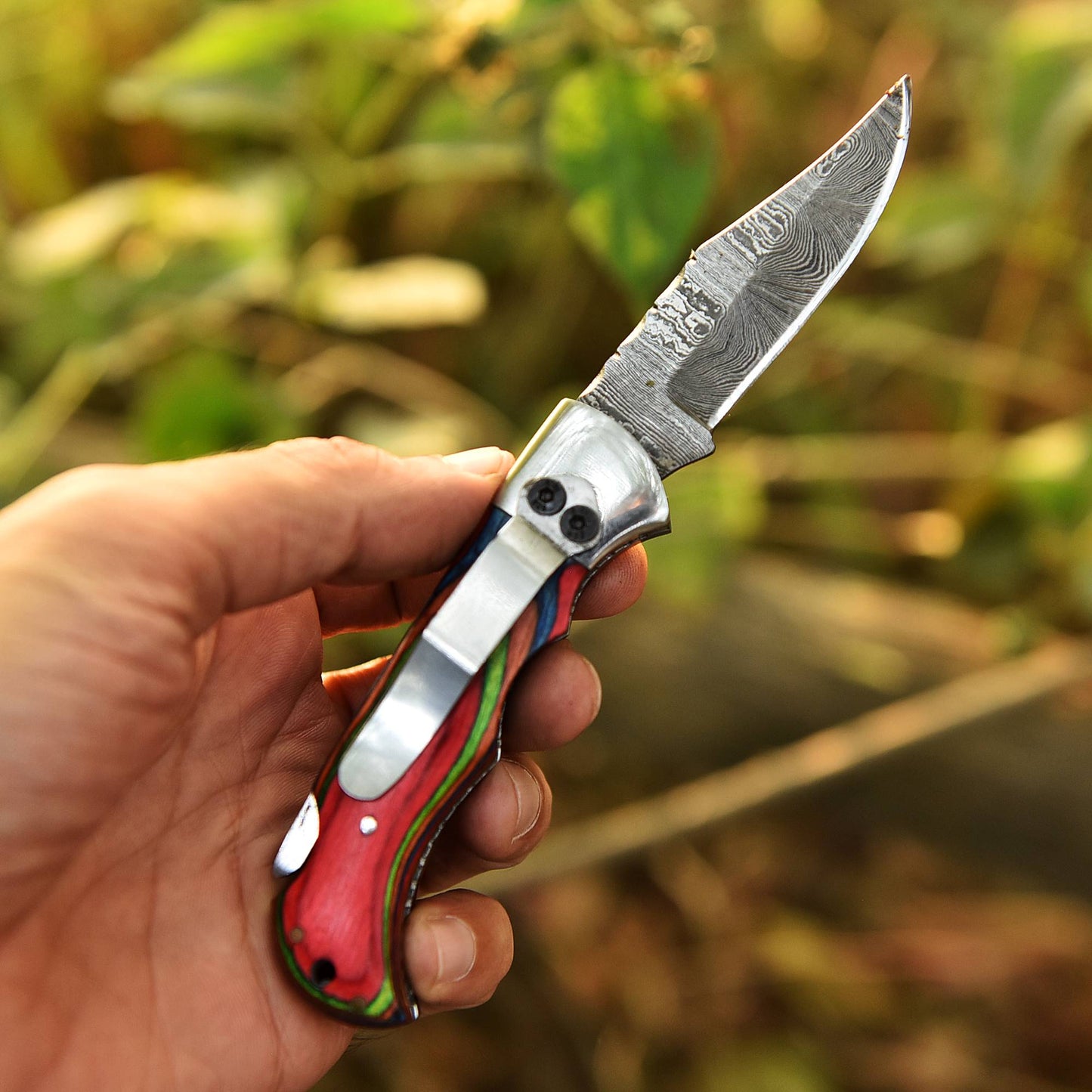 Custom Handmade Damascus Camping Folding Pocket Knife Wood Handle