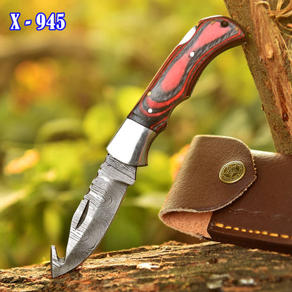Custom Handmade Damascus Steel Folding Gut Hook Blade Pocket Knife