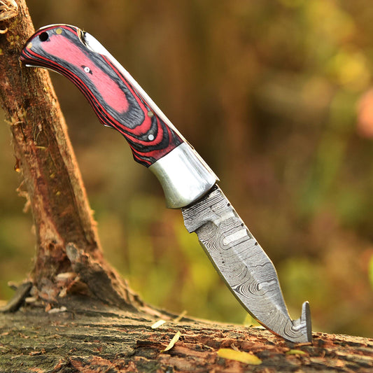 Custom Handmade Damascus Steel Folding Gut Hook Blade Pocket Knife