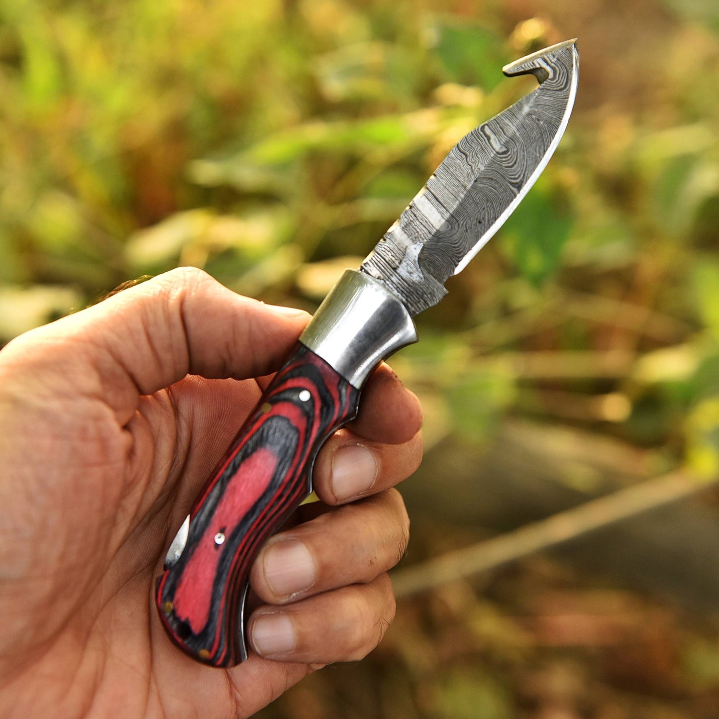Custom Handmade Damascus Steel Folding Gut Hook Blade Pocket Knife