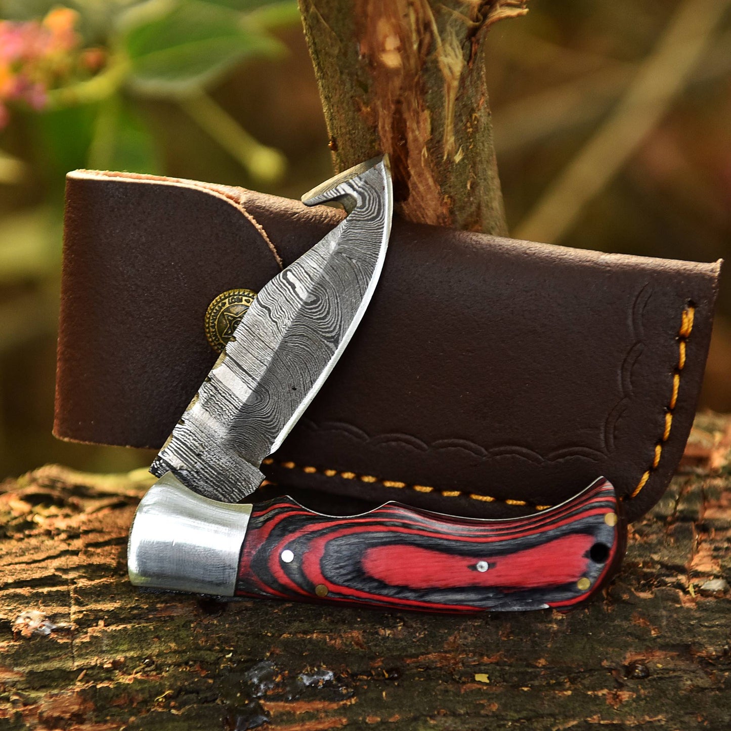 Custom Handmade Damascus Steel Folding Gut Hook Blade Pocket Knife