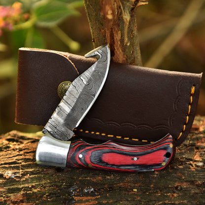 Custom Handmade Damascus Steel Folding Gut Hook Blade Pocket Knife