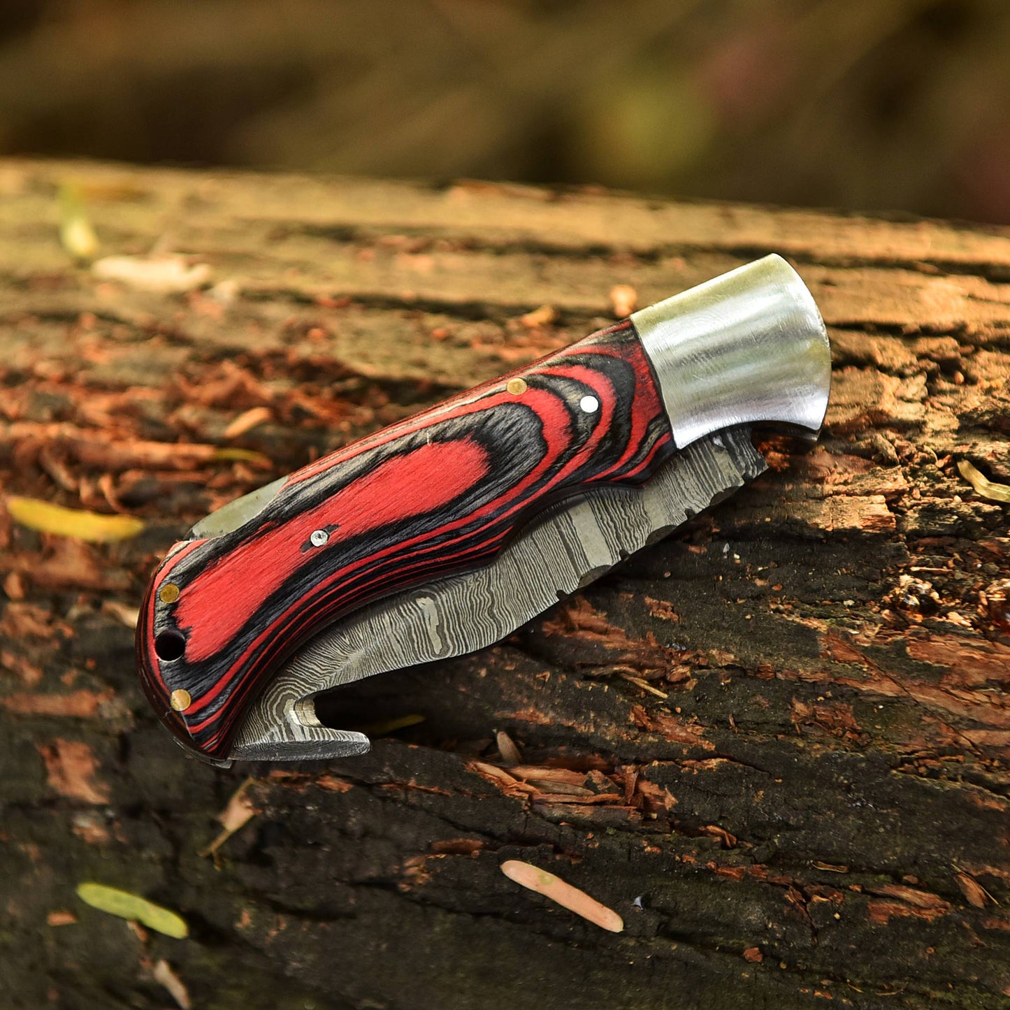 Custom Handmade Damascus Steel Folding Gut Hook Blade Pocket Knife