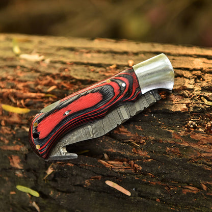 Custom Handmade Damascus Steel Folding Gut Hook Blade Pocket Knife