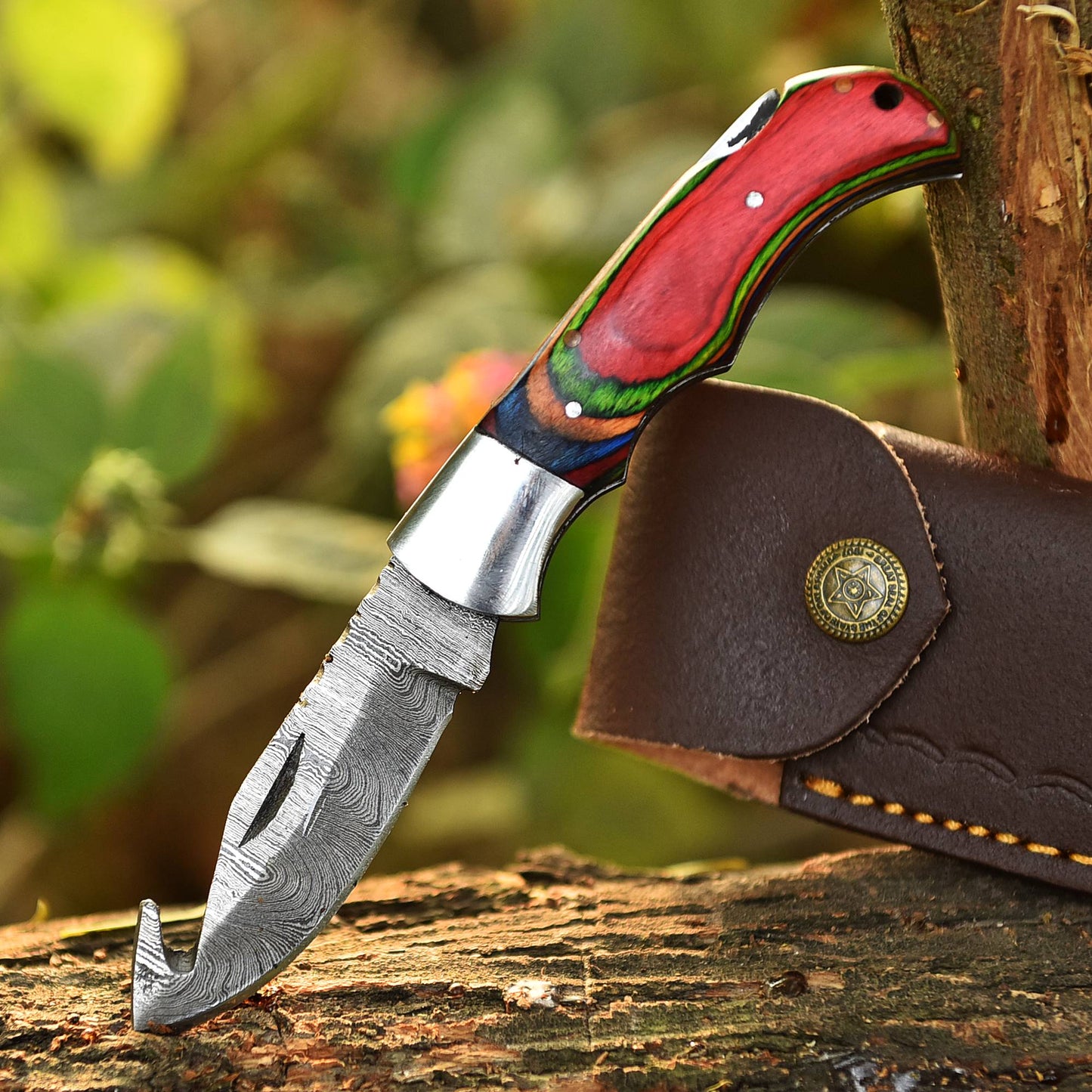 Handmade Damascus Back Lock Folding Gut Hook Blade Hunting Pocket Knife