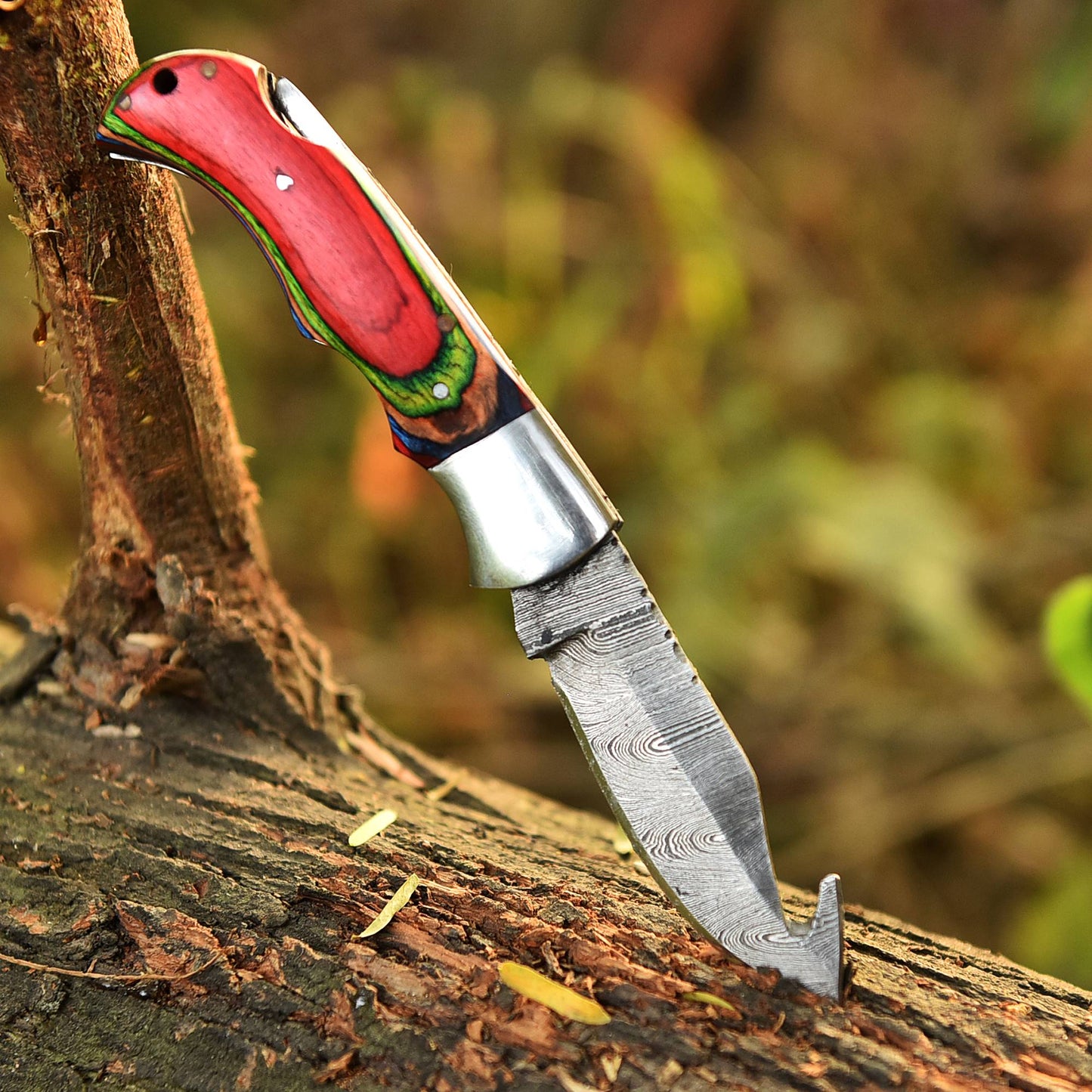 Handmade Damascus Back Lock Folding Gut Hook Blade Hunting Pocket Knife