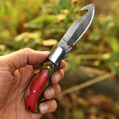 Handmade Damascus Back Lock Folding Gut Hook Blade Hunting Pocket Knife
