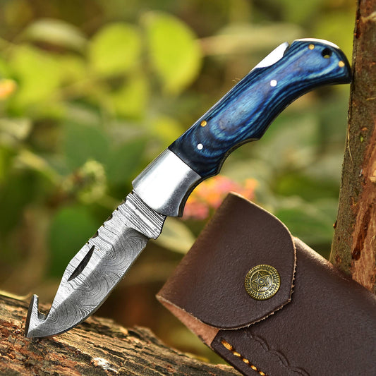 Hand Forged Damascus Steel Gut Hook Folding Blade Back Lock Pocket Knife