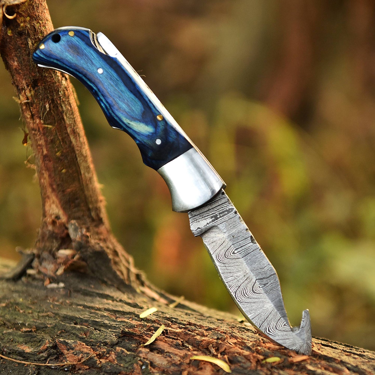 Hand Forged Damascus Steel Gut Hook Folding Blade Back Lock Pocket Knife