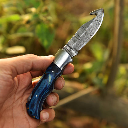 Hand Forged Damascus Steel Gut Hook Folding Blade Back Lock Pocket Knife