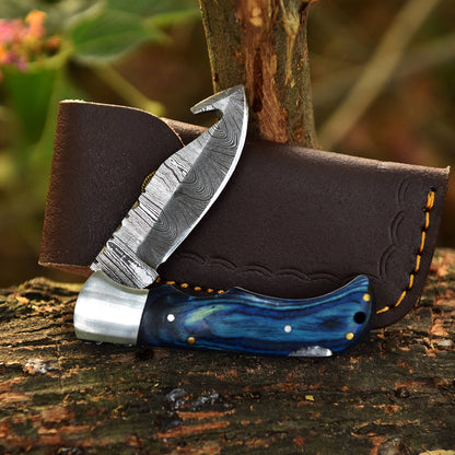 Hand Forged Damascus Steel Gut Hook Folding Blade Back Lock Pocket Knife