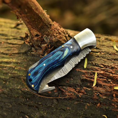 Hand Forged Damascus Steel Gut Hook Folding Blade Back Lock Pocket Knife
