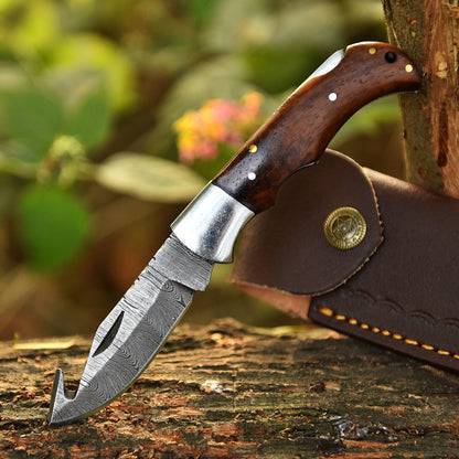 Handmade Damascus Outdoor Camping Folding Gut Hook Blade Pocket Knife